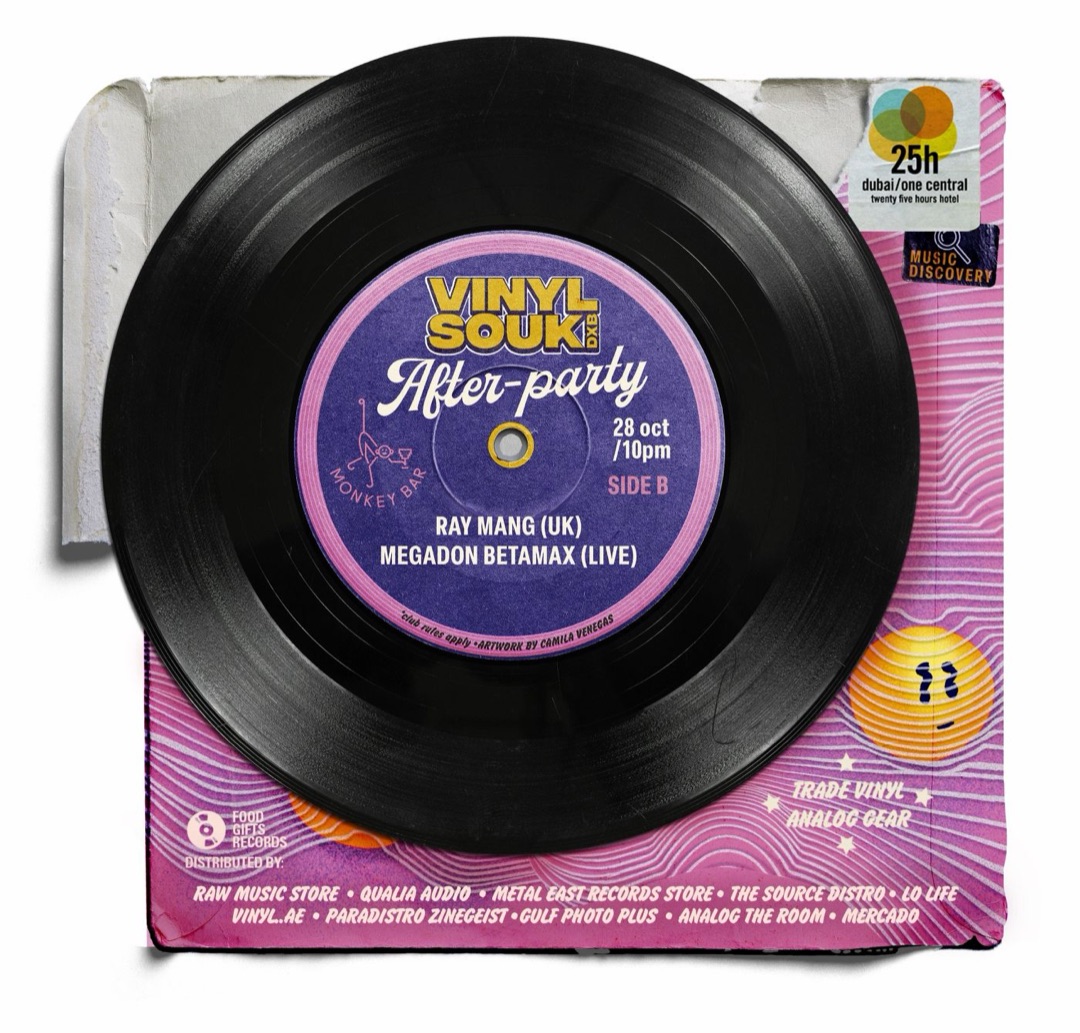 Poster: Vinyl Souk DXB after-party at Monkey Bar, 28 October, 10pm, side B, with Ray Mang (UK) and Megadon Betamax (live).