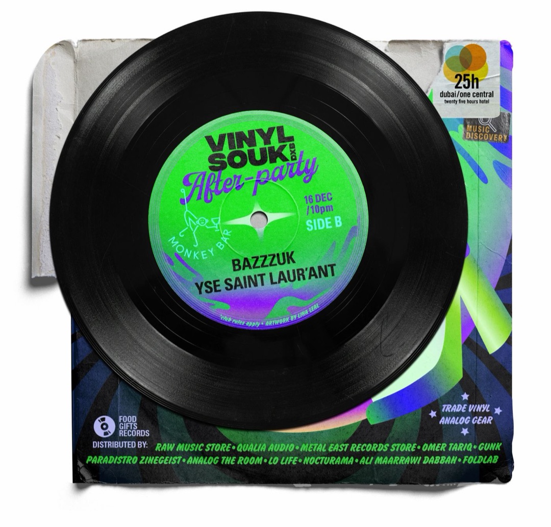 Poster: Vinyl Souk DXB after-party at Monkey Bar, 16 December, 10pm, side B, with Bazzzuk and Yse Saint Laur’ant.