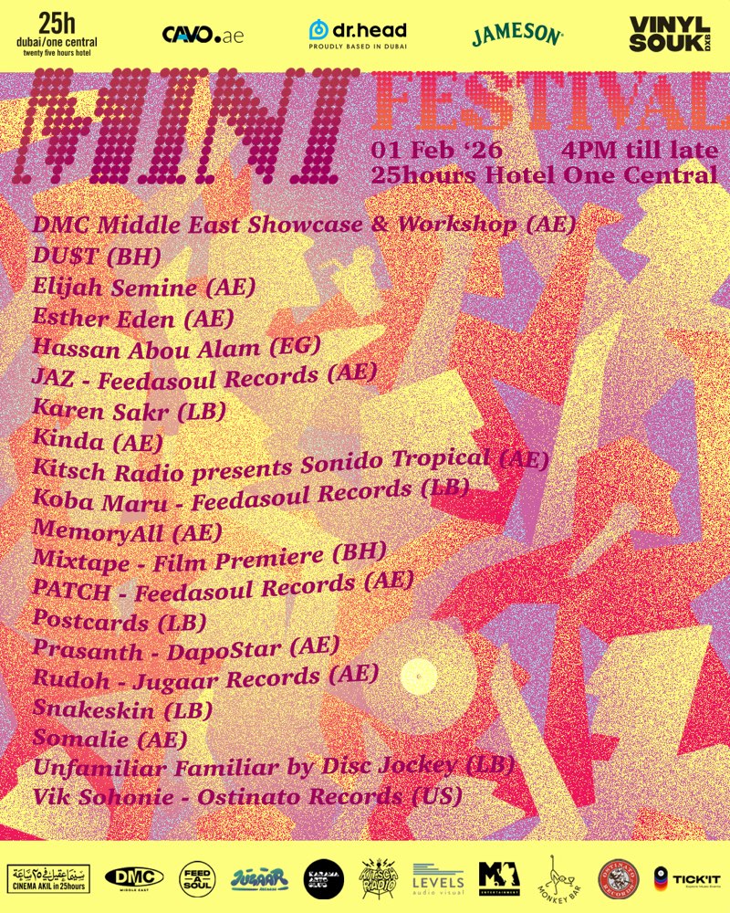 Poster: Vinyl Souk Mini Festival, 1 February 2026, 4pm till late, 25hours Hotel One Central, with the day’s lineup.