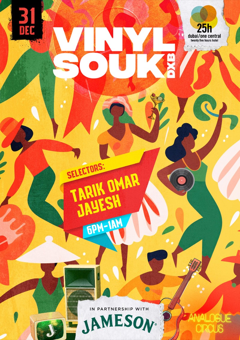 Poster: Vinyl Souk DXB, 31 December, selectors Tarik Omar and Jayesh, 6pm to 1am, at 25hours Dubai One Central, in partnership with Jameson.