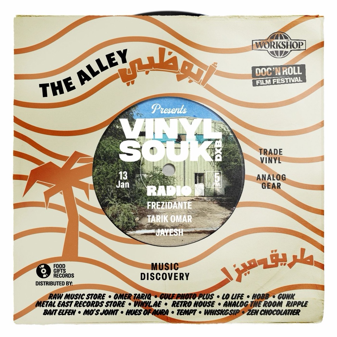 Poster: The Alley Abu Dhabi presents Vinyl Souk DXB, 13 Jan, with Radio, Frezidante, Tarik Omar and Jayesh. Trade vinyl, analog gear, music discovery, with Workshop and Doc’n Roll Film Festival.