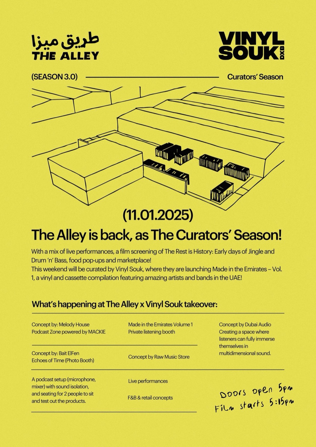 Poster: The Alley x Vinyl Souk, Season 3.0, Curators’ Season, 11.01.2025. Live performances, a film screening of The Rest Is History: Early days of Jungle and Drum ’n’ Bass, food pop-ups and a marketplace, and the launch of Made in the Emirates Vol. 1. Doors open 5pm, film starts 5:15pm.