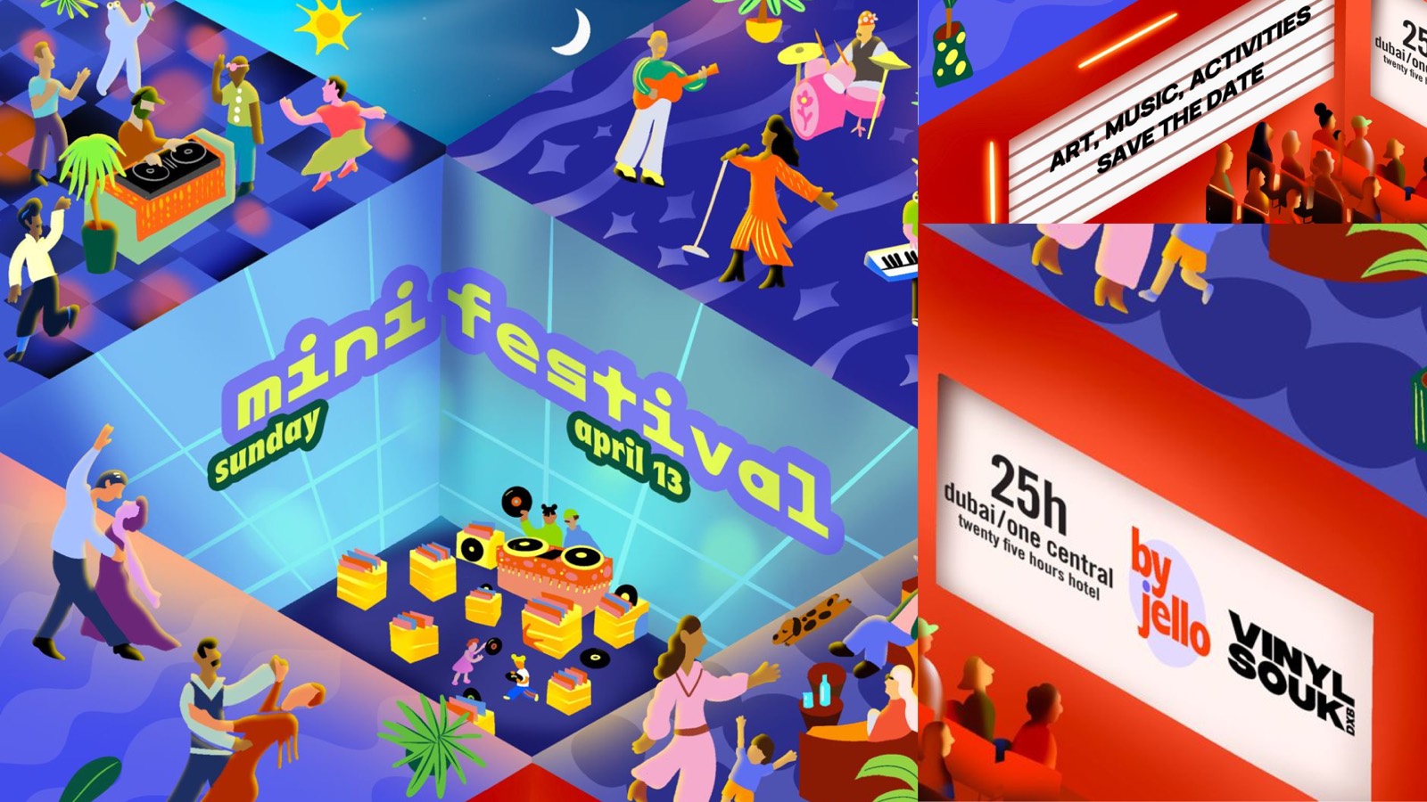 Illustration: a cut-away building full of music, art and activities, for Mini Festival’s second edition.