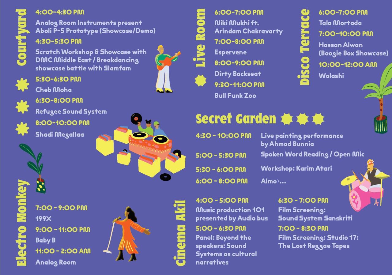 The day’s schedule across the Courtyard, Live Room, Disco Terrace, Secret Garden and Cinema Club.