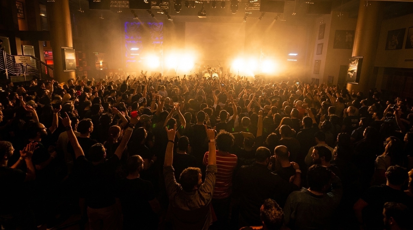 A packed crowd with their hands raised in front of a stage lit by bright orange lights at an indoor concert.